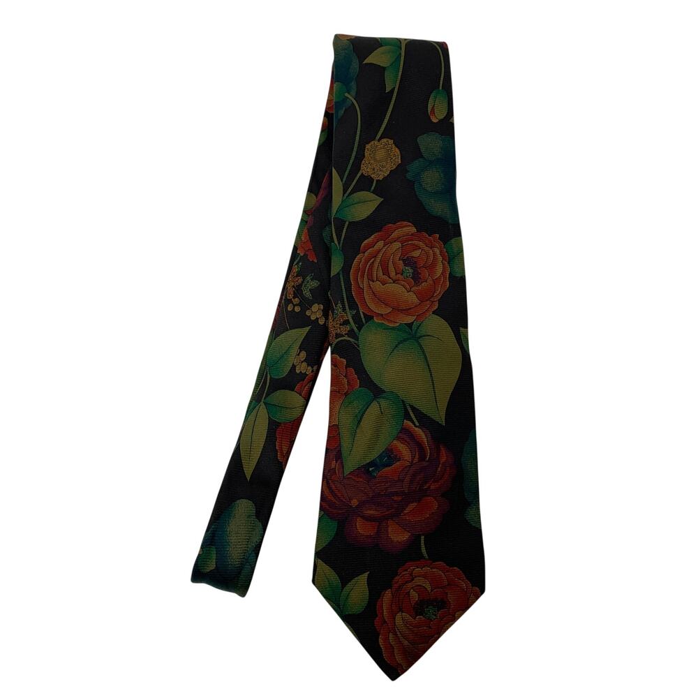 Leonard Paris Silk Tie Floral Rose Print Italy Designer Luxury Necktie Black Red